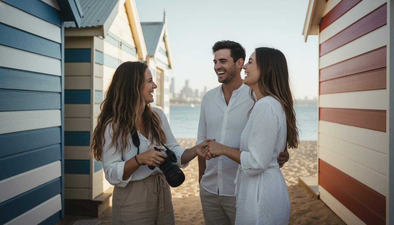A realistic, high-quality photograph of a candid moment during a photoshoot, featuring a 'local' photographer interacting warmly with a family or couple at Brighton Beach Boxes, Melbourne. The lighting is natural and soft, showcasing genuine smiles and interaction. The style and mood should align with a warm, natural, slightly desaturated, cinematic aesthetic, consistent with people featured in an imagined sample image. Avoid adding text to the image.