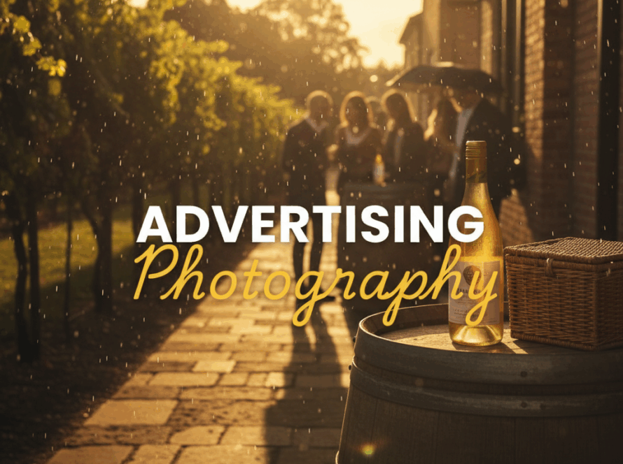 Atmospheric street-style shot capturing a local Yarra Valley advertising photography for businesses campaign, featuring a stylish product displayed against a rustic winery backdrop at golden hour, with a cinematic, moody feel.