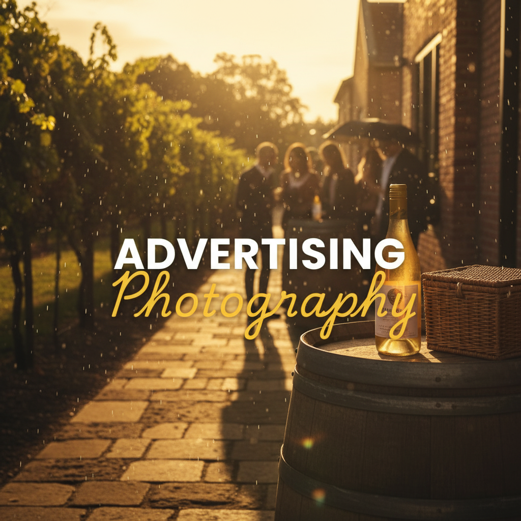 Atmospheric street-style shot capturing a local Yarra Valley advertising photography for businesses campaign, featuring a stylish product displayed against a rustic winery backdrop at golden hour, with a cinematic, moody feel.