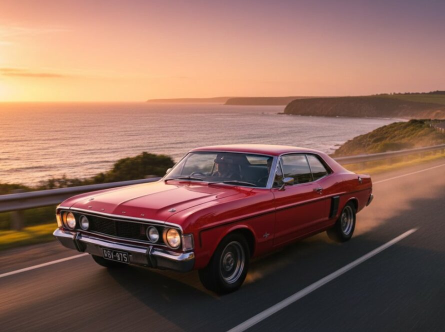 A stunning wide-angle shot capturing a vintage luxury sports car driving along a scenic Portsea coastal road at sunset, highlighting the elegance of luxury car photography Portsea coastal drive with dramatic lighting and vibrant colours.