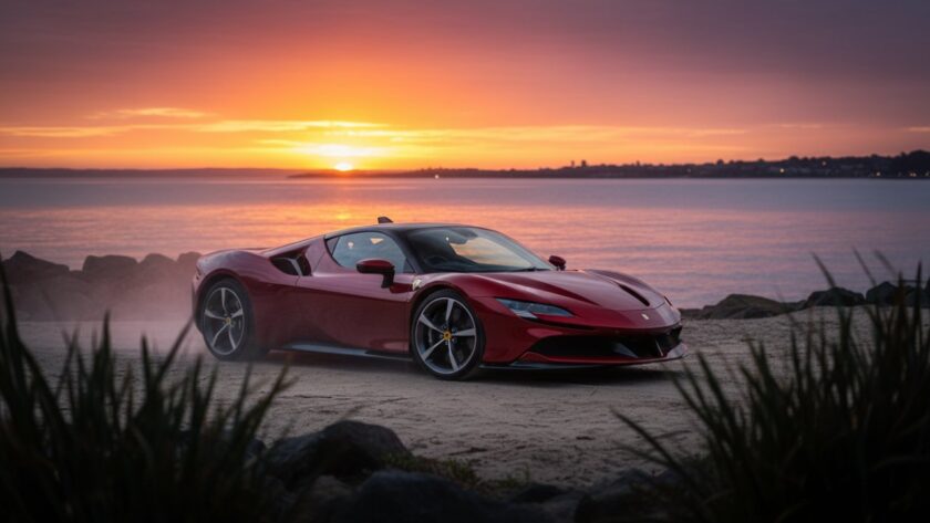 A powerful, sleek black sports car is perfectly positioned at sunset on the Mornington waterfront, with the golden hour light reflecting off its polished surface and casting a dramatic silhouette against the calm bay waters, capturing the essence of a Luxury Car Photoshoot Mornington Waterfront.
