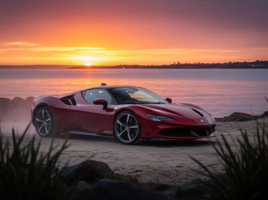 A powerful, sleek black sports car is perfectly positioned at sunset on the Mornington waterfront, with the golden hour light reflecting off its polished surface and casting a dramatic silhouette against the calm bay waters, capturing the essence of a Luxury Car Photoshoot Mornington Waterfront.