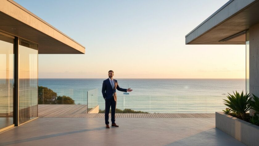 An epic moment captured in luxury commercial photography Portsea, showing a high-end coastal property's facade at sunset, with golden light reflecting off the water and a sophisticated couple toasting on a balcony, conveying elegance and aspirational lifestyle.