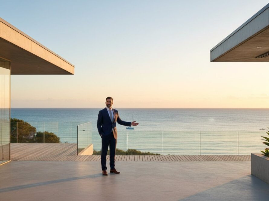 An epic moment captured in luxury commercial photography Portsea, showing a high-end coastal property's facade at sunset, with golden light reflecting off the water and a sophisticated couple toasting on a balcony, conveying elegance and aspirational lifestyle.
