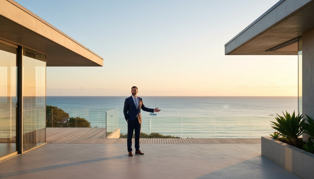 An epic moment captured in luxury commercial photography Portsea, showing a high-end coastal property's facade at sunset, with golden light reflecting off the water and a sophisticated couple toasting on a balcony, conveying elegance and aspirational lifestyle.