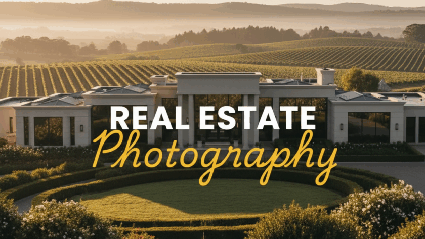 Atmospheric street photography style image of a grand Yarra Valley luxury home at golden hour, showcasing the architectural beauty and surrounding vineyards, with the title 'REAL ESTATE' in bold white sans-serif and 'Photography' in larger elegant yellow cursive overlayed. This image represents Luxury Yarra Valley Real Estate Photography Services.