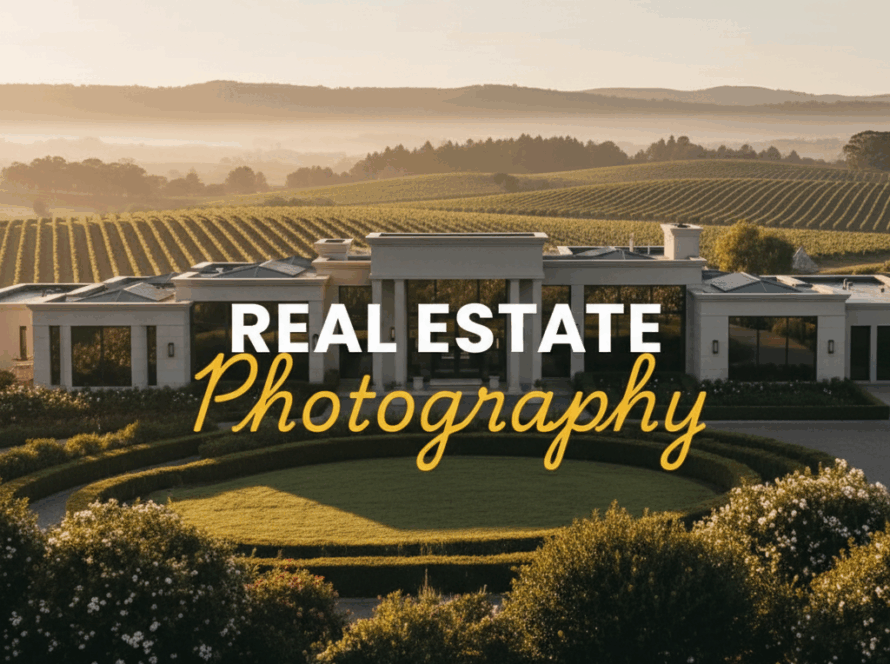 Atmospheric street photography style image of a grand Yarra Valley luxury home at golden hour, showcasing the architectural beauty and surrounding vineyards, with the title 'REAL ESTATE' in bold white sans-serif and 'Photography' in larger elegant yellow cursive overlayed. This image represents Luxury Yarra Valley Real Estate Photography Services.