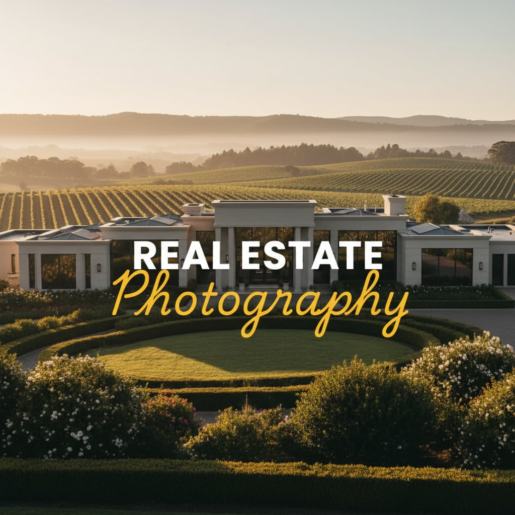 Atmospheric street photography style image of a grand Yarra Valley luxury home at golden hour, showcasing the architectural beauty and surrounding vineyards, with the title 'REAL ESTATE' in bold white sans-serif and 'Photography' in larger elegant yellow cursive overlayed. This image represents Luxury Yarra Valley Real Estate Photography Services.