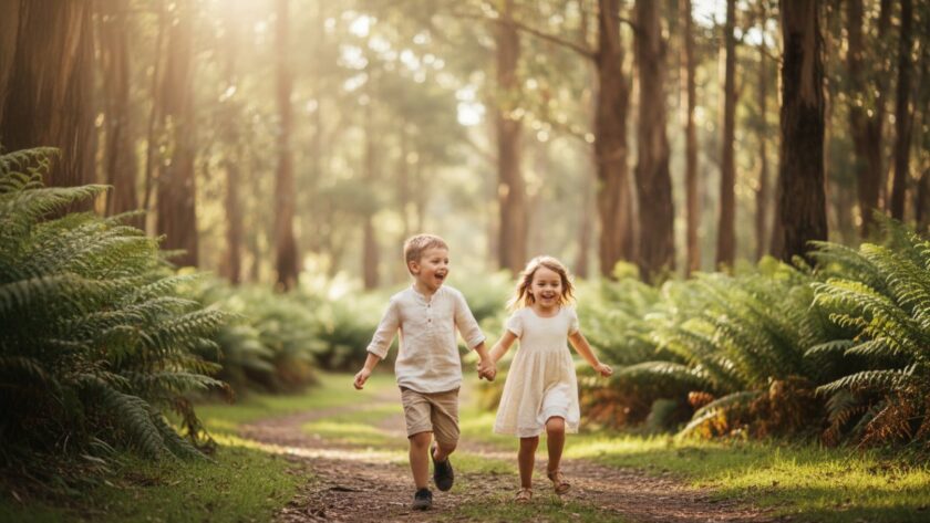 A heartwarming, cinematic photograph capturing magical family moments Kalorama kids photography, showing two children laughing joyfully while running through sun-dappled fern glades in the Dandenong Ranges, Kalorama, with their parents watching fondly in the soft, golden afternoon light.