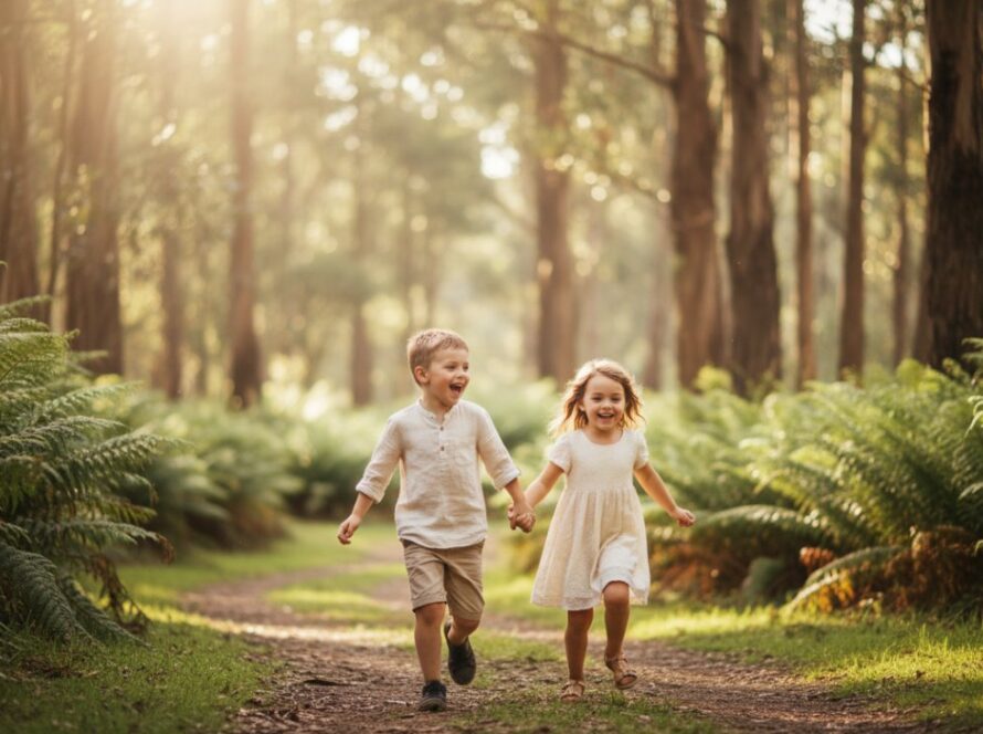 A heartwarming, cinematic photograph capturing magical family moments Kalorama kids photography, showing two children laughing joyfully while running through sun-dappled fern glades in the Dandenong Ranges, Kalorama, with their parents watching fondly in the soft, golden afternoon light.