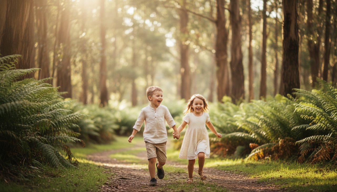 A heartwarming, cinematic photograph capturing magical family moments Kalorama kids photography, showing two children laughing joyfully while running through sun-dappled fern glades in the Dandenong Ranges, Kalorama, with their parents watching fondly in the soft, golden afternoon light.