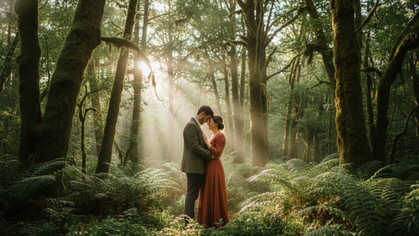 An epic moment of a couple embracing amidst the misty fern forests of Mount Dandenong, bathed in soft, ethereal light, capturing their magical Mount Dandenong candid engagement photography session.