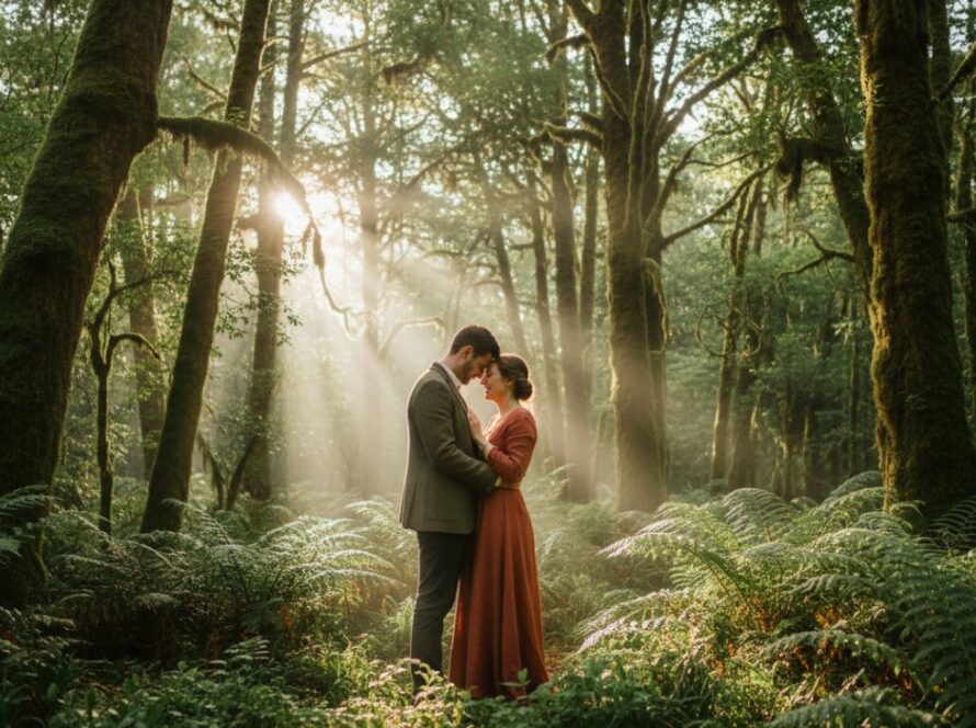 An epic moment of a couple embracing amidst the misty fern forests of Mount Dandenong, bathed in soft, ethereal light, capturing their magical Mount Dandenong candid engagement photography session.