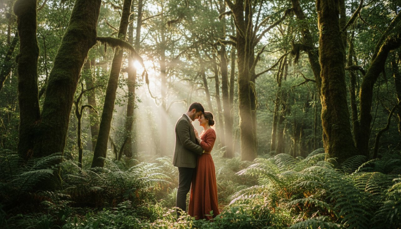 An epic moment of a couple embracing amidst the misty fern forests of Mount Dandenong, bathed in soft, ethereal light, capturing their magical Mount Dandenong candid engagement photography session.