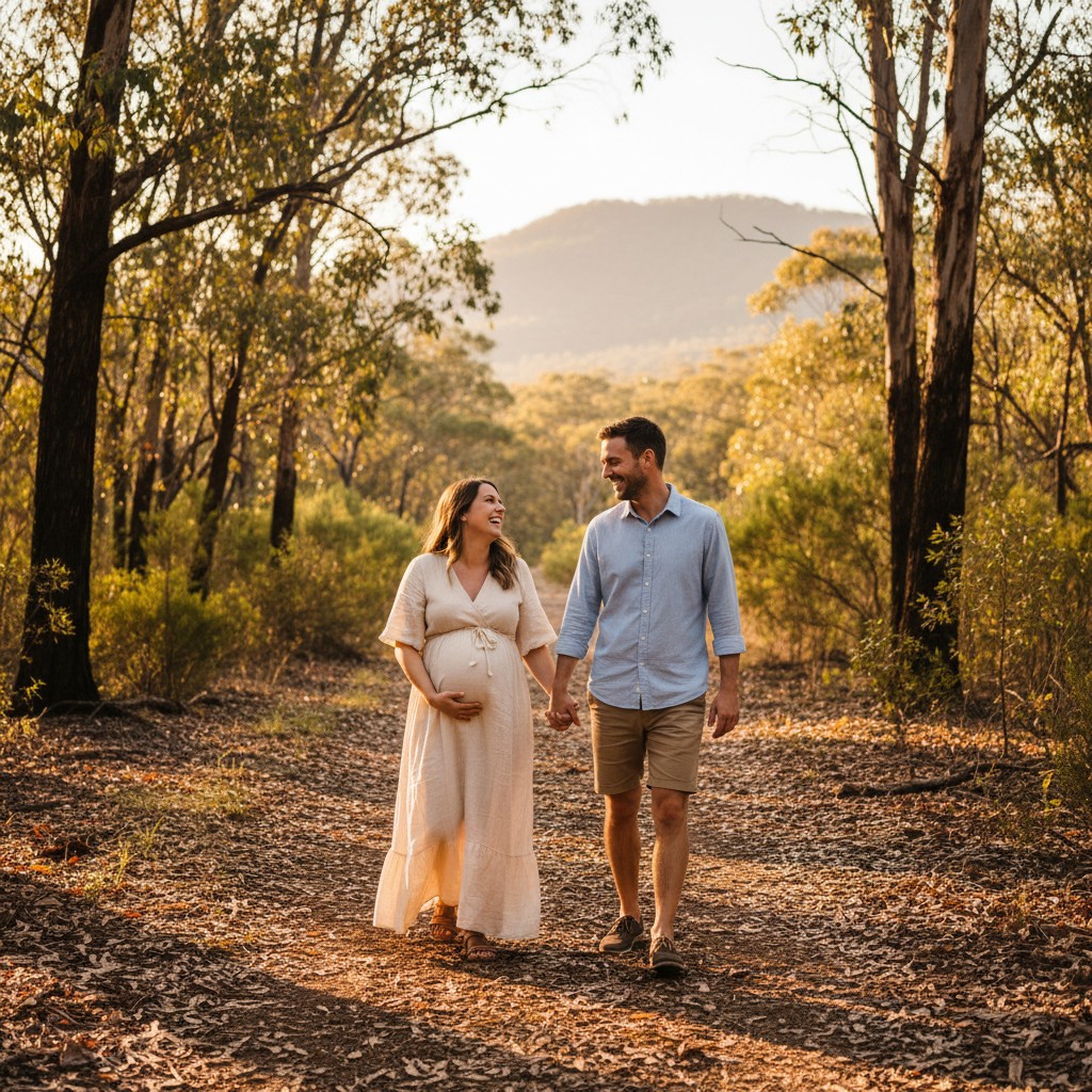 A realistic, high-quality photograph of a radiant pregnant couple, laughing naturally as they walk hand-in-hand through a sun-dappled Australian bushland path, perhaps with gum leaves scattered on the ground. The focus is on their joy and connection, with the natural Australian environment providing an authentic and beautiful backdrop.
