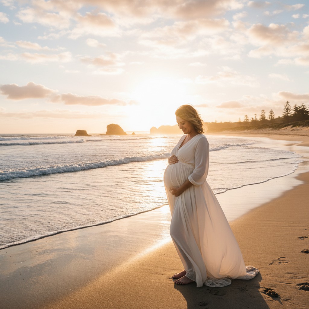 A high-quality, realistic photograph of a radiant pregnant woman in a flowing, light-colored dress, standing on a tranquil Australian beach at sunrise. She is gently touching her baby bump, with soft, golden natural light illuminating the scene. The focus is on the emotional connection and the beautiful coastal landscape, with no text.