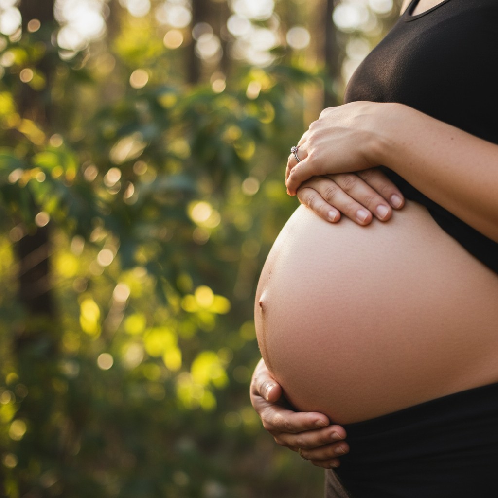 A close-up, high-quality photograph of a pregnant woman's hands gently clasped over her baby bump, with soft, natural light illuminating her belly. The background is a soft-focus, bokeh effect of vibrant green Australian bushland or a tranquil, sun-dappled eucalyptus forest, evoking a sense of connection to nature and new life, without any text.