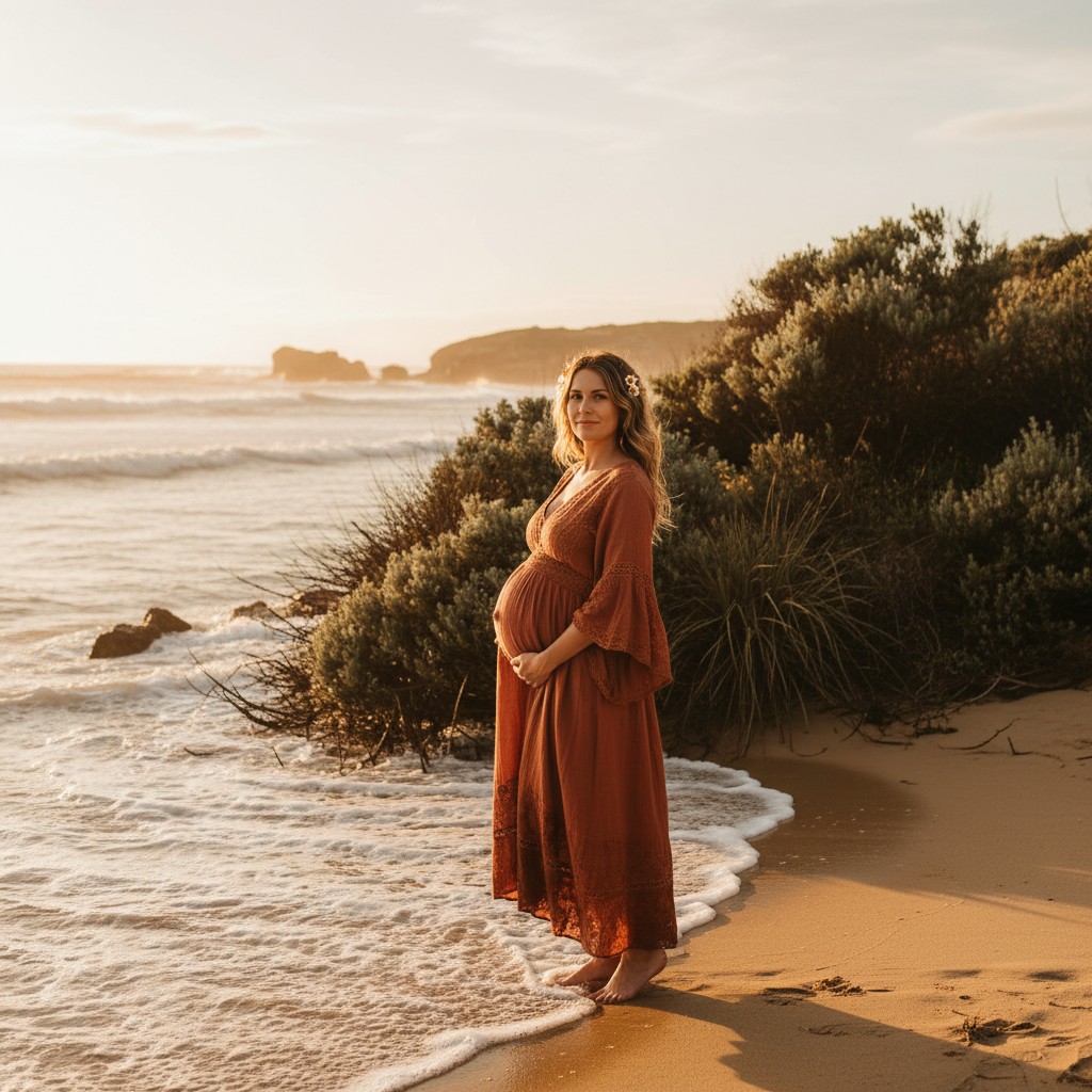 A pregnant woman in a flowing, rustic-bohemian dress, standing barefoot on a secluded Australian beach at golden hour. Gentle waves lap at the shore, native coastal shrubs frame the scene, and warm, soft sunlight bathes her, highlighting her baby bump. Her hair is styled naturally, possibly with a few native wildflowers woven in. The overall mood is peaceful, connected to nature, and authentically Australian. Professional outdoor photography style, no text.