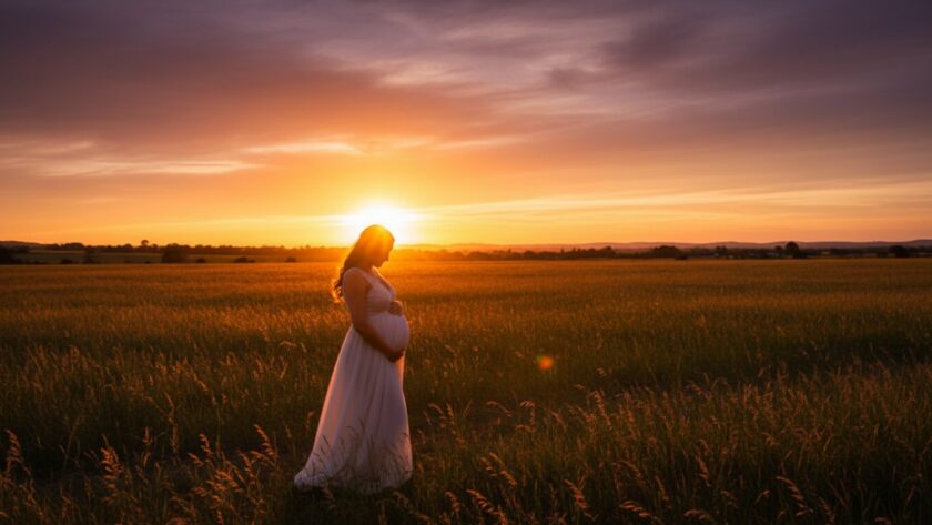 A glowing pregnant woman silhouetted against a dramatic, golden maternity photography Tyabb Mornington Peninsula sunset, standing by a tranquil rural landscape, embodying serene beauty.