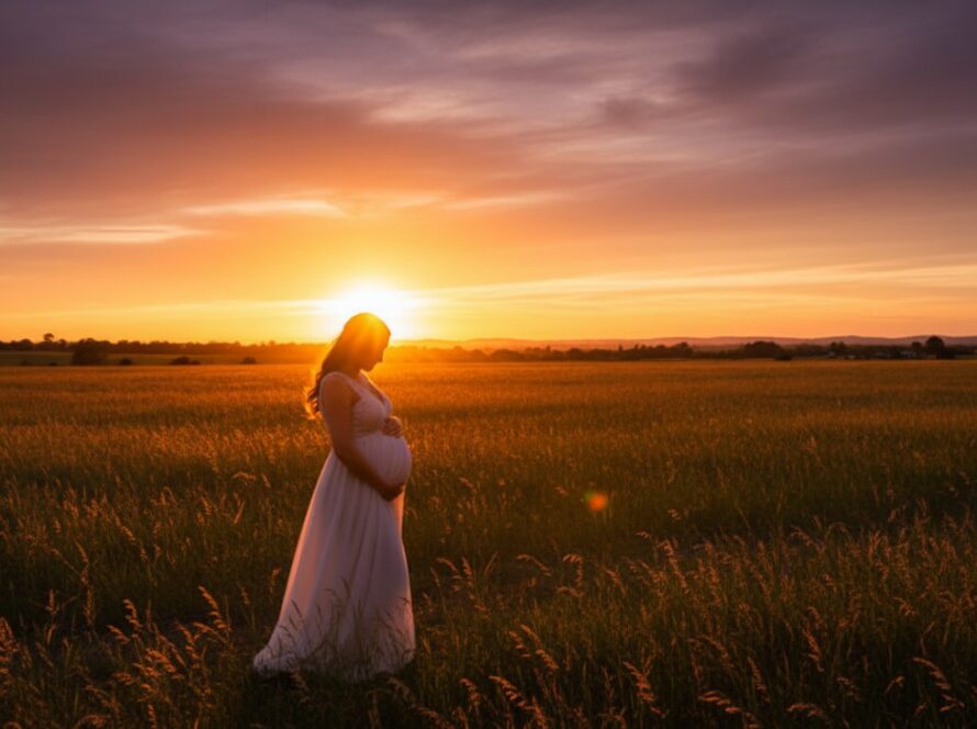 A glowing pregnant woman silhouetted against a dramatic, golden maternity photography Tyabb Mornington Peninsula sunset, standing by a tranquil rural landscape, embodying serene beauty.