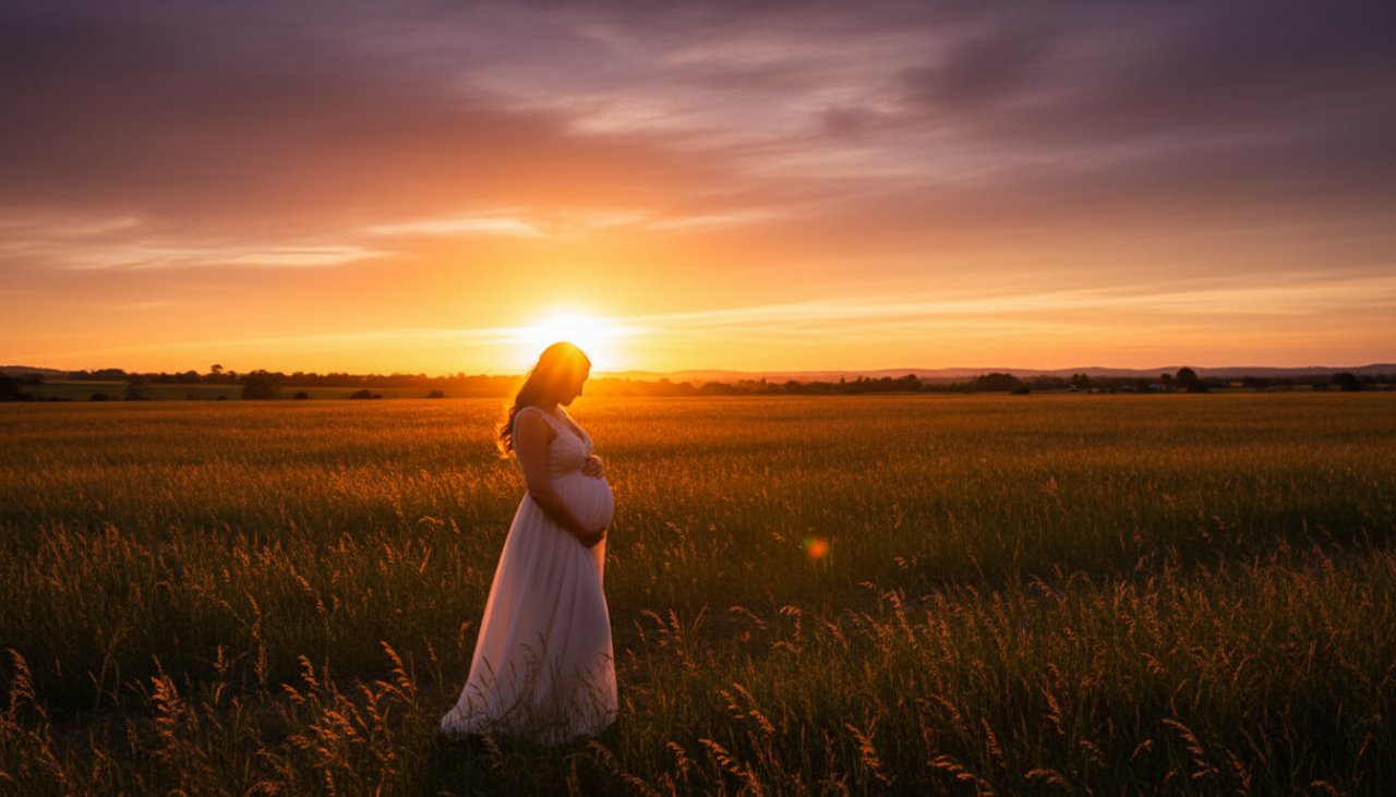 A glowing pregnant woman silhouetted against a dramatic, golden maternity photography Tyabb Mornington Peninsula sunset, standing by a tranquil rural landscape, embodying serene beauty.