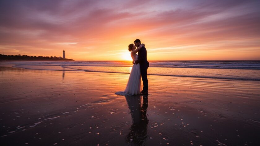 An 'epic moment' photograph capturing a newlywed couple silhouetted against a vibrant, fiery orange and purple McCrae beach sunset during their wedding photography Victoria session, with gentle waves lapping the shore and the distant McCrae Lighthouse adding a touch of romance.