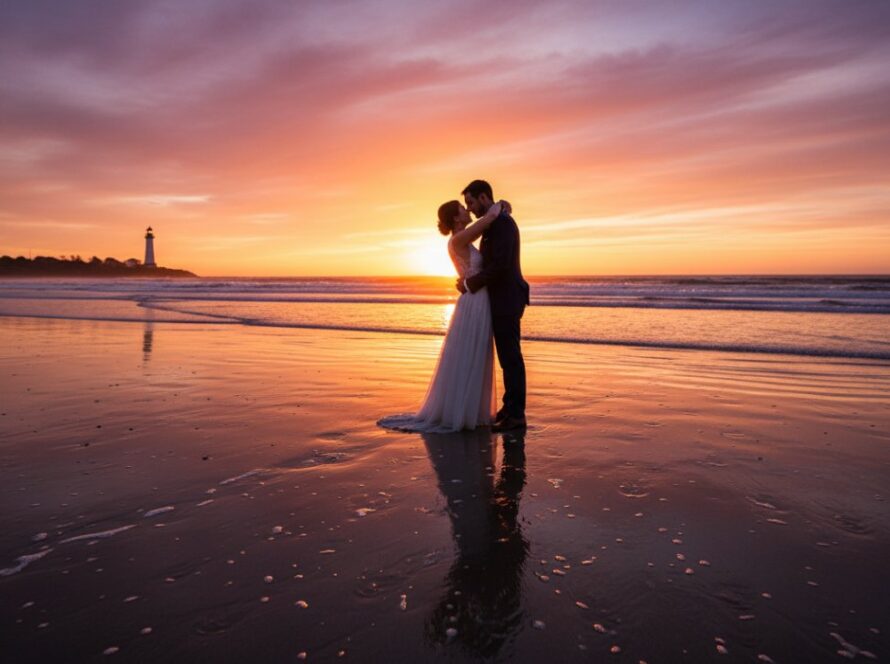 An 'epic moment' photograph capturing a newlywed couple silhouetted against a vibrant, fiery orange and purple McCrae beach sunset during their wedding photography Victoria session, with gentle waves lapping the shore and the distant McCrae Lighthouse adding a touch of romance.