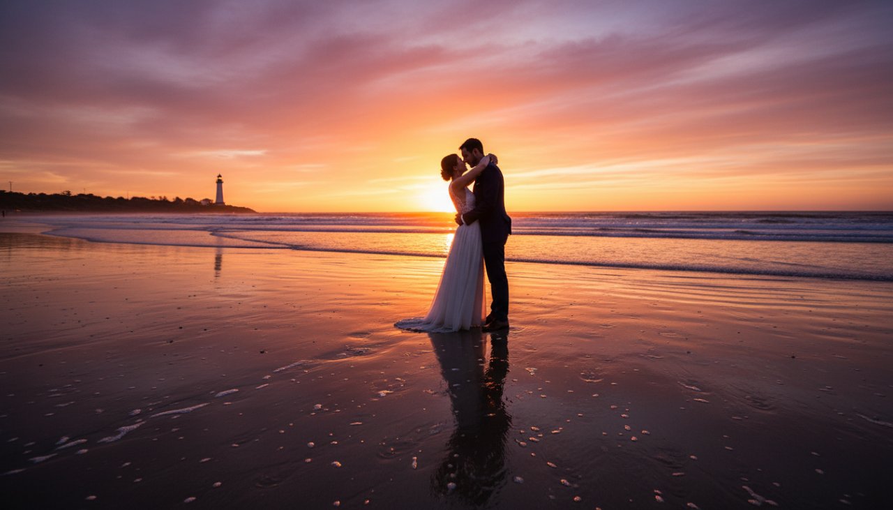 An 'epic moment' photograph capturing a newlywed couple silhouetted against a vibrant, fiery orange and purple McCrae beach sunset during their wedding photography Victoria session, with gentle waves lapping the shore and the distant McCrae Lighthouse adding a touch of romance.