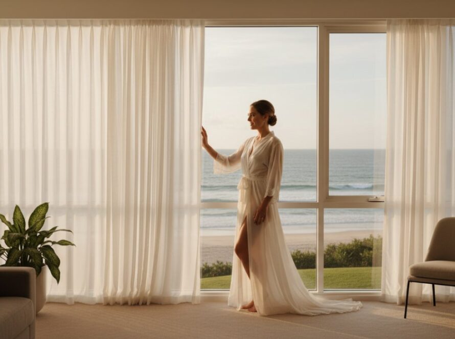 An elegant woman bathed in soft morning light near McCrae's coastline, captured through McCrae boudoir photography for empowering coastal portraits, showcasing a moment of serene confidence.