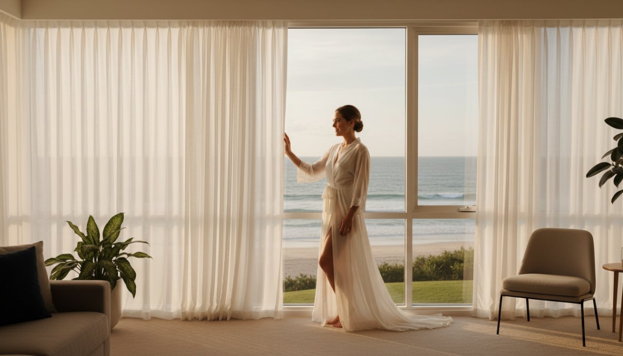 An elegant woman bathed in soft morning light near McCrae's coastline, captured through McCrae boudoir photography for empowering coastal portraits, showcasing a moment of serene confidence.