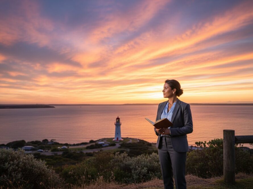 A dynamic, wide-angle shot of a successful business professional, perhaps a CEO or founder, looking confidently towards the future, with the iconic McCrae Lighthouse and sparkling Port Phillip Bay in the blurred background. This professional corporate photography for McCrae business branding captures an epic moment of vision and leadership.