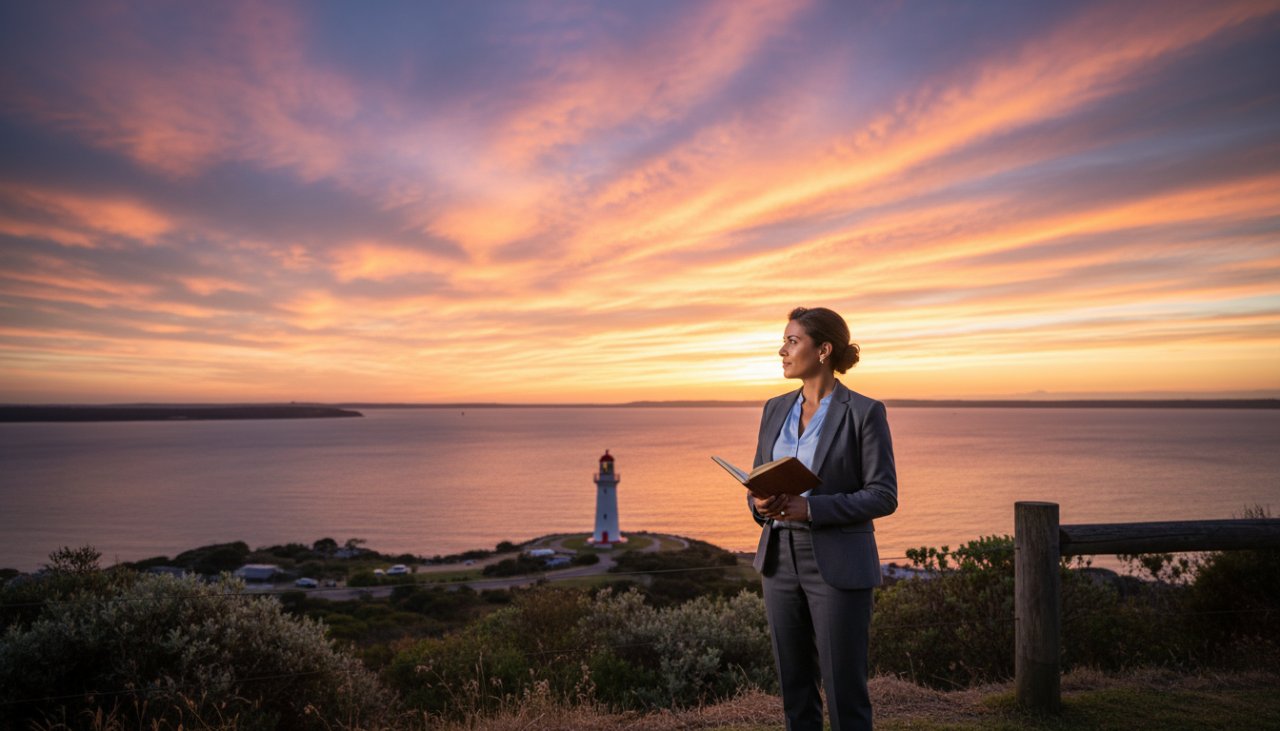 A dynamic, wide-angle shot of a successful business professional, perhaps a CEO or founder, looking confidently towards the future, with the iconic McCrae Lighthouse and sparkling Port Phillip Bay in the blurred background. This professional corporate photography for McCrae business branding captures an epic moment of vision and leadership.