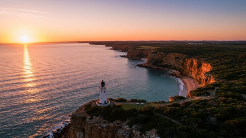 An awe-inspiring drone shot capturing the vibrant hues of a McCrae cliffside drone photography sunsets, showcasing dramatic cliffs meeting the ocean under a fiery sky with golden hour light.