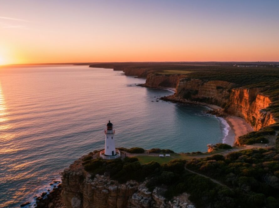 An awe-inspiring drone shot capturing the vibrant hues of a McCrae cliffside drone photography sunsets, showcasing dramatic cliffs meeting the ocean under a fiery sky with golden hour light.