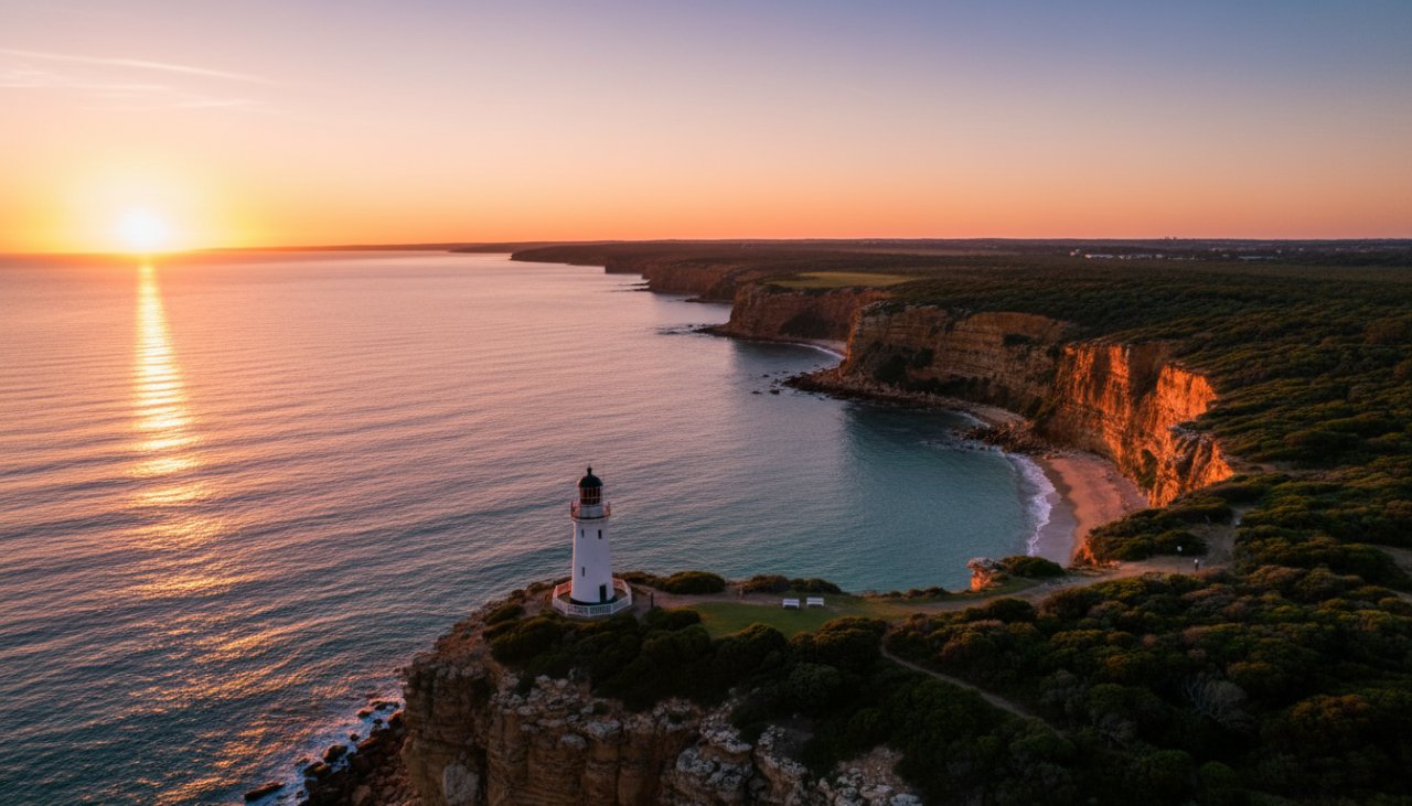 An awe-inspiring drone shot capturing the vibrant hues of a McCrae cliffside drone photography sunsets, showcasing dramatic cliffs meeting the ocean under a fiery sky with golden hour light.