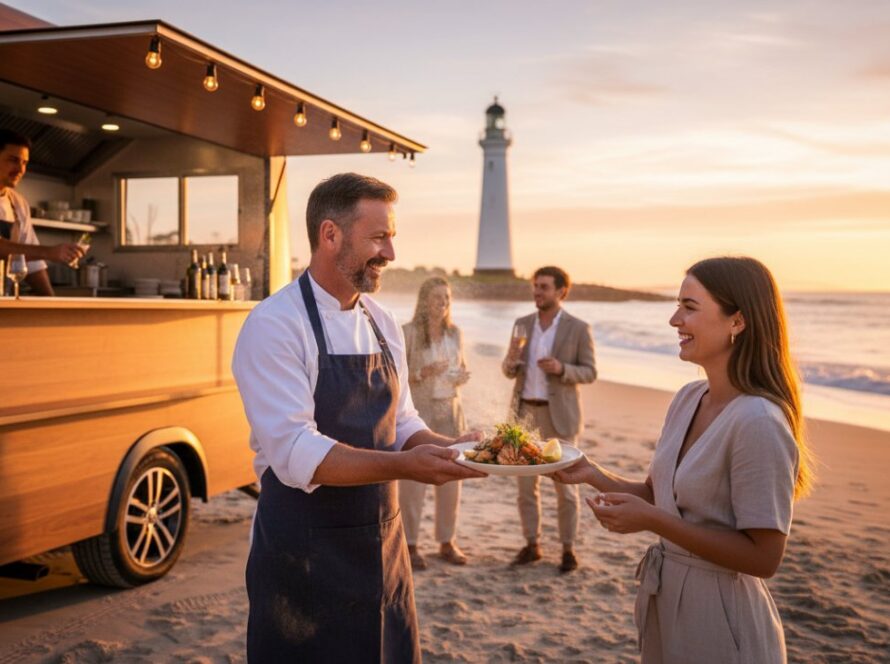 Dynamic McCrae Coastal Business Advertising Photography capturing a local artisan crafting custom surfboards against the stunning McCrae Beach sunset, showcasing brand authenticity and coastal lifestyle.
