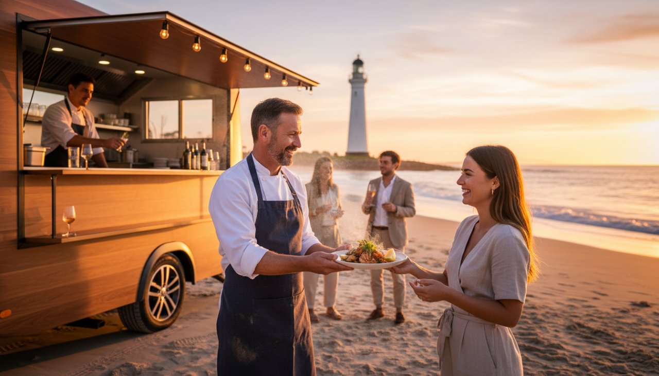 Dynamic McCrae Coastal Business Advertising Photography capturing a local artisan crafting custom surfboards against the stunning McCrae Beach sunset, showcasing brand authenticity and coastal lifestyle.