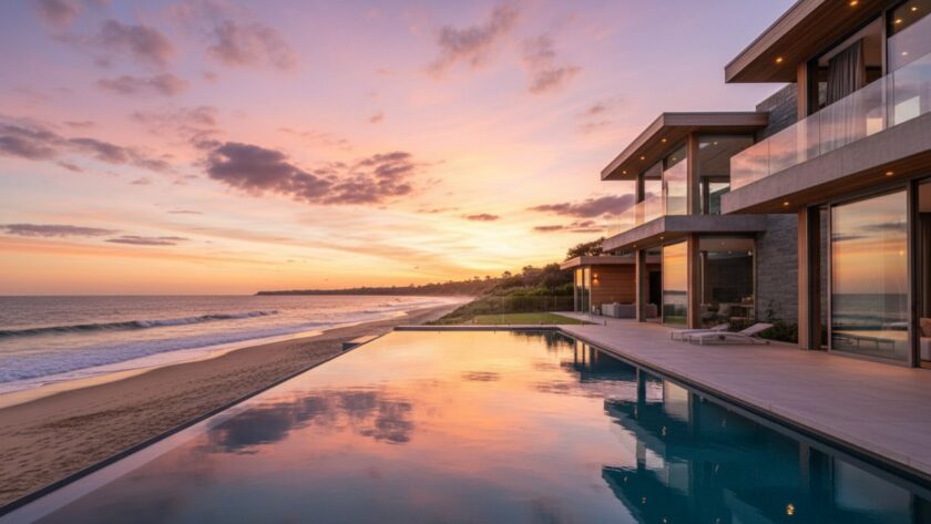 An epic moment captured in McCrae coastal property photography excellence, showing a luxury beachfront home bathed in golden hour light, with waves gently rolling onto the pristine sand and a dramatic sky reflecting in an infinity pool.