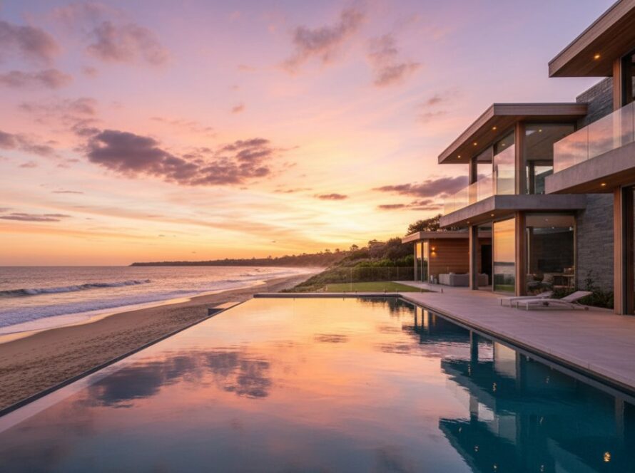 An epic moment captured in McCrae coastal property photography excellence, showing a luxury beachfront home bathed in golden hour light, with waves gently rolling onto the pristine sand and a dramatic sky reflecting in an infinity pool.