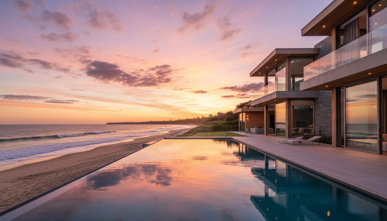 An epic moment captured in McCrae coastal property photography excellence, showing a luxury beachfront home bathed in golden hour light, with waves gently rolling onto the pristine sand and a dramatic sky reflecting in an infinity pool.