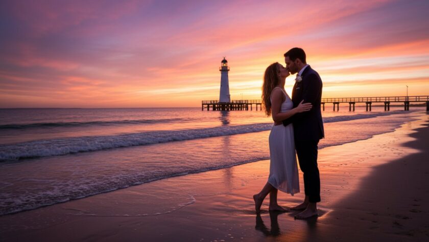 A loving couple embracing by the iconic McCrae lighthouse at sunset, with golden light reflecting on the water, capturing their McCrae lighthouse engagement photography Victoria in an epic, cinematic style.