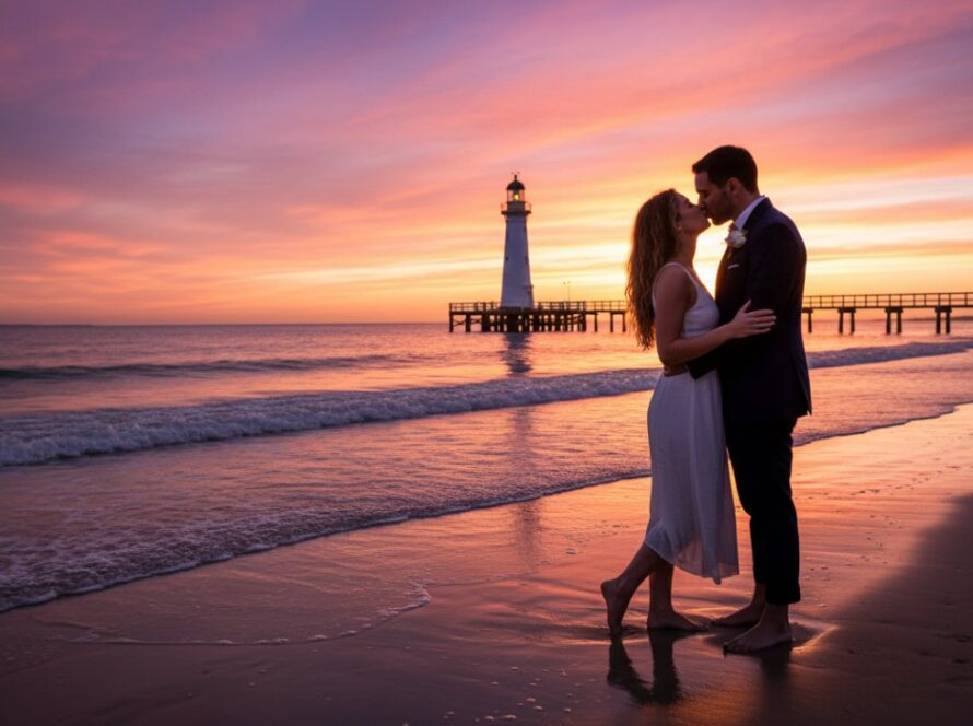 A loving couple embracing by the iconic McCrae lighthouse at sunset, with golden light reflecting on the water, capturing their McCrae lighthouse engagement photography Victoria in an epic, cinematic style.