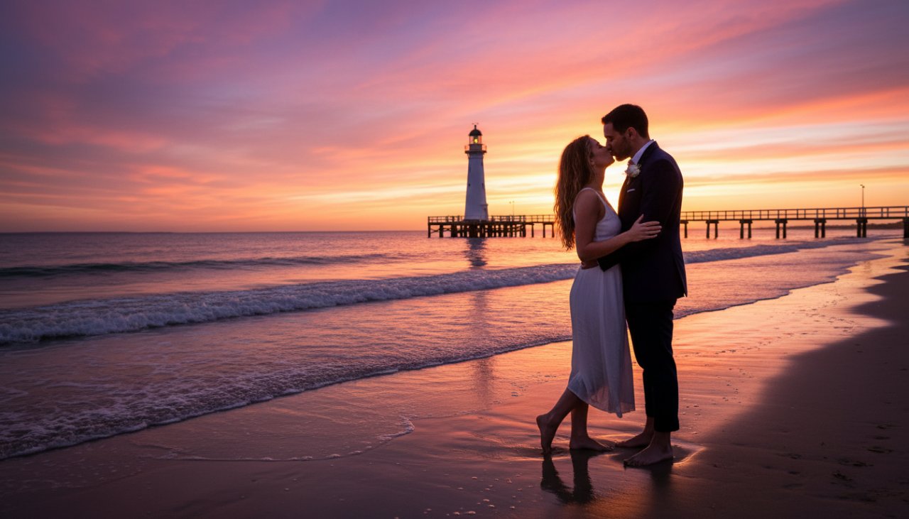 A loving couple embracing by the iconic McCrae lighthouse at sunset, with golden light reflecting on the water, capturing their McCrae lighthouse engagement photography Victoria in an epic, cinematic style.