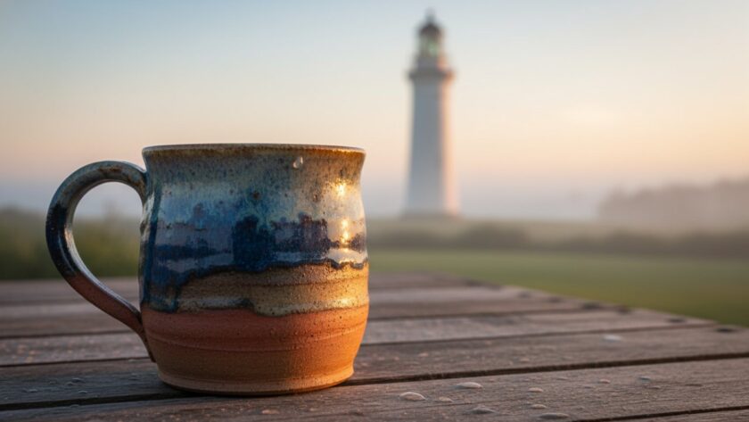 An artistic close-up capturing a handcrafted ceramic mug from a local McCrae artisan, glistening with morning dew on a sun-dappled deck overlooking the McCrae Lighthouse, perfectly illustrating a McCrae small business product photography boost.