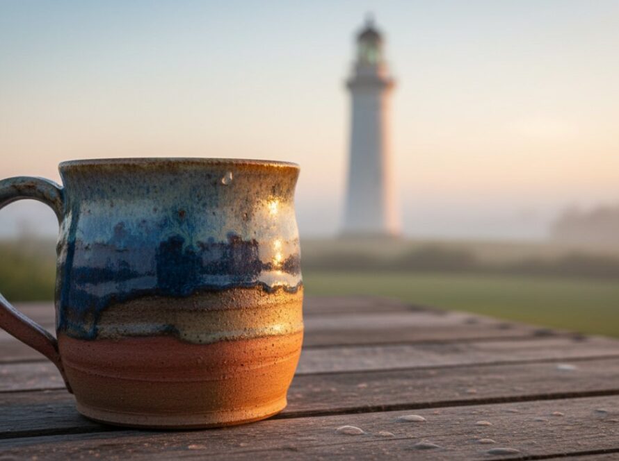 An artistic close-up capturing a handcrafted ceramic mug from a local McCrae artisan, glistening with morning dew on a sun-dappled deck overlooking the McCrae Lighthouse, perfectly illustrating a McCrae small business product photography boost.