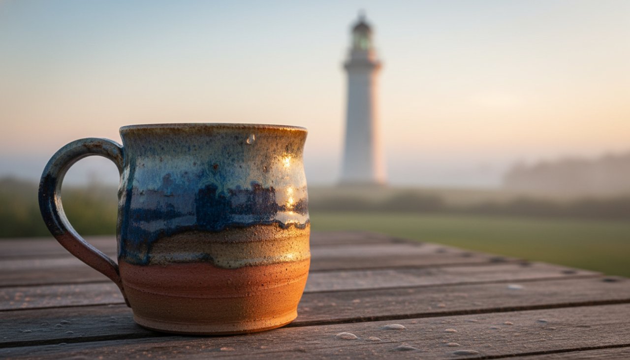 An artistic close-up capturing a handcrafted ceramic mug from a local McCrae artisan, glistening with morning dew on a sun-dappled deck overlooking the McCrae Lighthouse, perfectly illustrating a McCrae small business product photography boost.