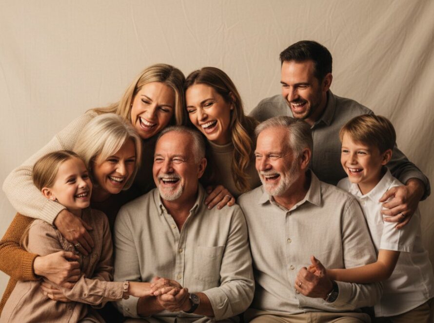 An emotionally resonant, cinematic McCrae studio photography capturing timeless family portraits, featuring a multi-generational family laughing joyfully, bathed in warm, soft artistic lighting, creating a heartfelt and authentic epic moment.