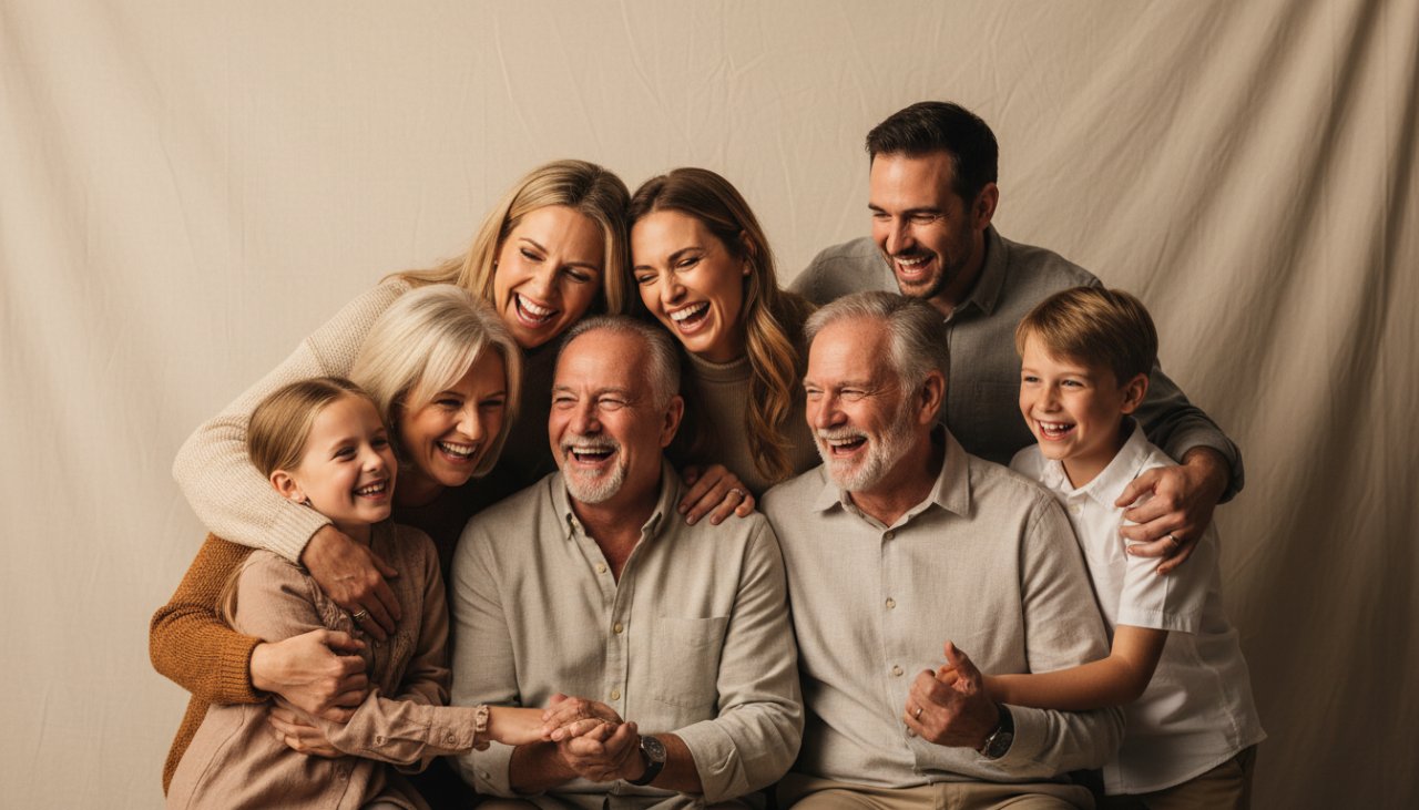 An emotionally resonant, cinematic McCrae studio photography capturing timeless family portraits, featuring a multi-generational family laughing joyfully, bathed in warm, soft artistic lighting, creating a heartfelt and authentic epic moment.