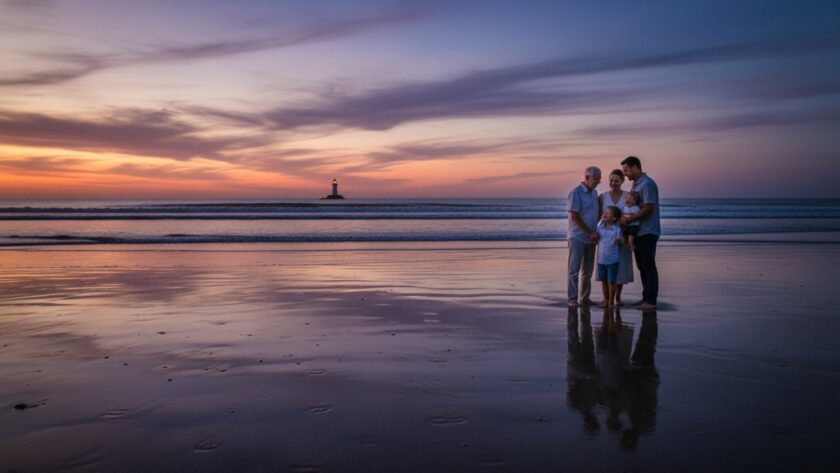 Dramatic McCrae Victoria fine art photography beach portraits of a family silhouetted against a golden sunset, waves crashing gently, capturing an epic, emotional moment of connection and coastal beauty.