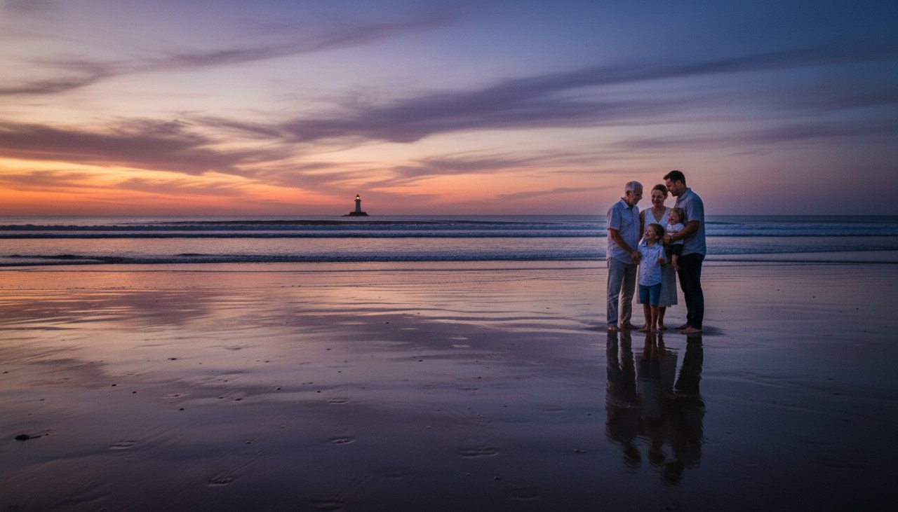 Dramatic McCrae Victoria fine art photography beach portraits of a family silhouetted against a golden sunset, waves crashing gently, capturing an epic, emotional moment of connection and coastal beauty.
